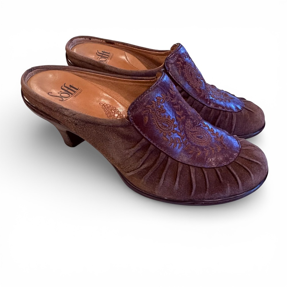 Sofft Brown Suede‎ Leather Paisley Embroidered Mule Kitten Heels Womens 6M